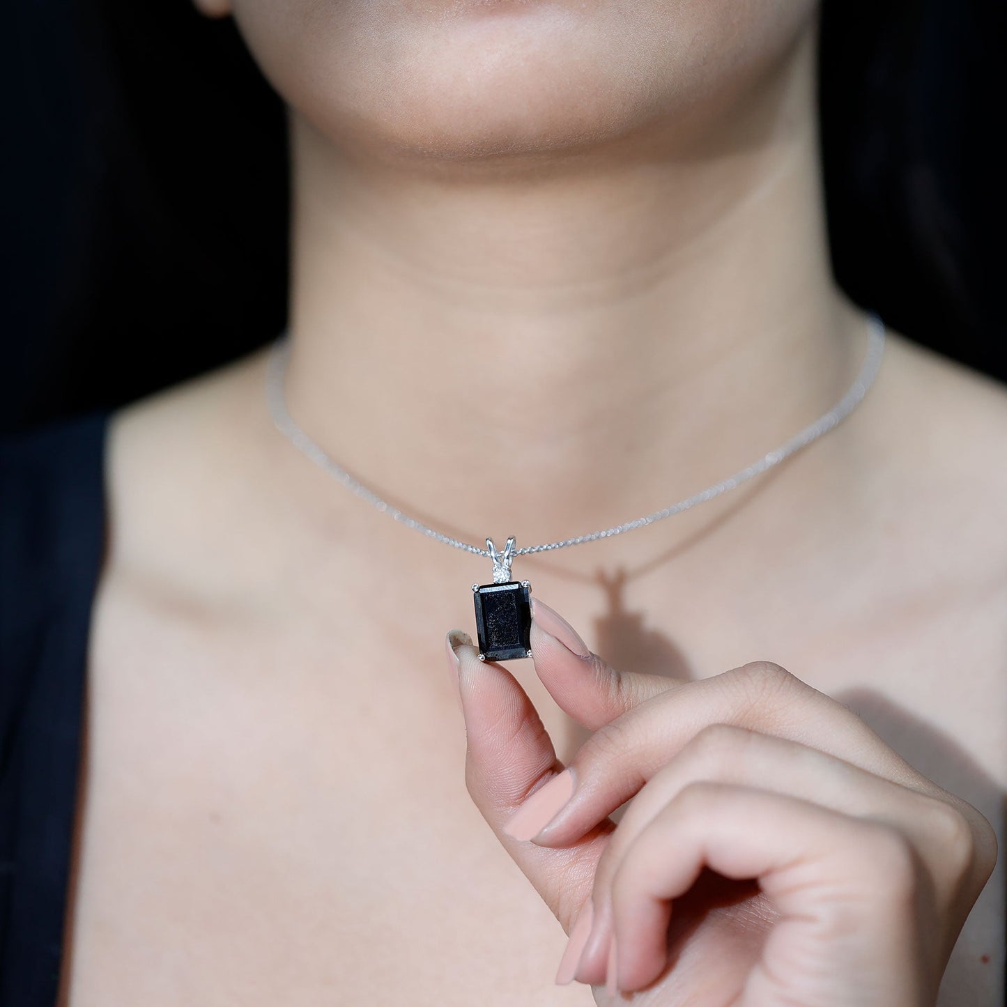 9 Carat Emerald Cut Lab Grown Black Diamond Pendant Necklace In Silver