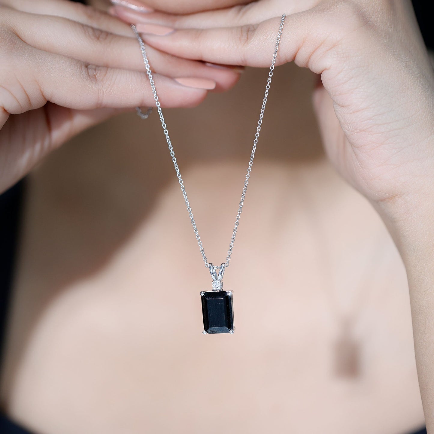 9 Carat Emerald Cut Lab Grown Black Diamond Pendant Necklace In Silver