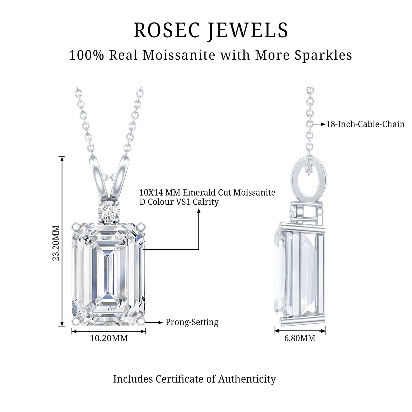 4.5 Carat Moissanite Emerald Cut Necklace With Silver Chain