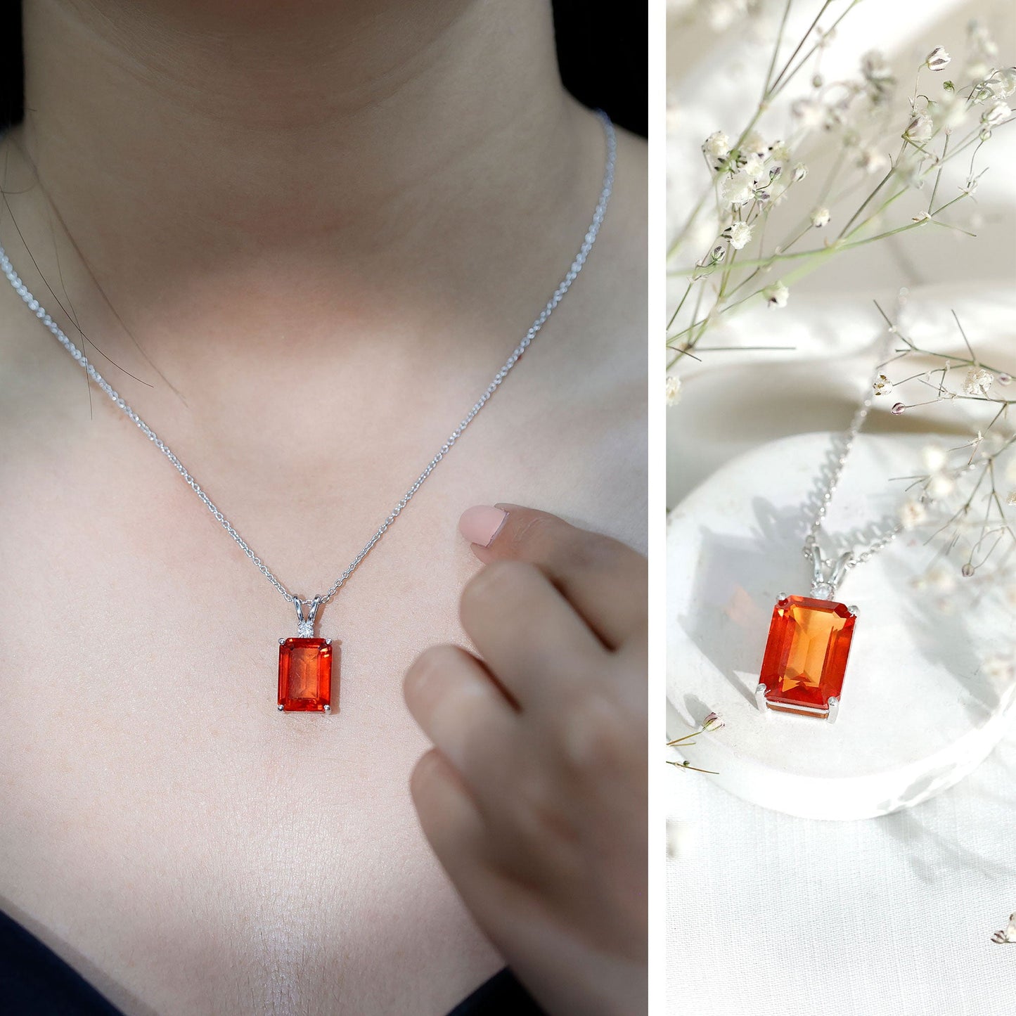 Certified 9 Carat Lab Grown Orange Sapphire Emerald Cut Necklace With Silver Chain