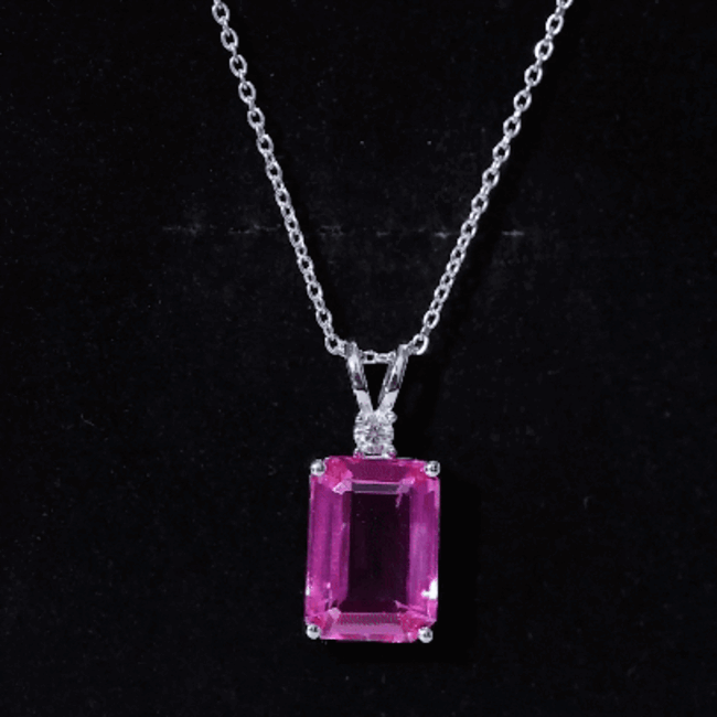 9 Carat Lab Grown Pink Sapphire Emerald Cut Necklace With Silver Chain