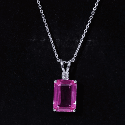 9 Carat Lab Grown Pink Sapphire Emerald Cut Necklace With Silver Chain