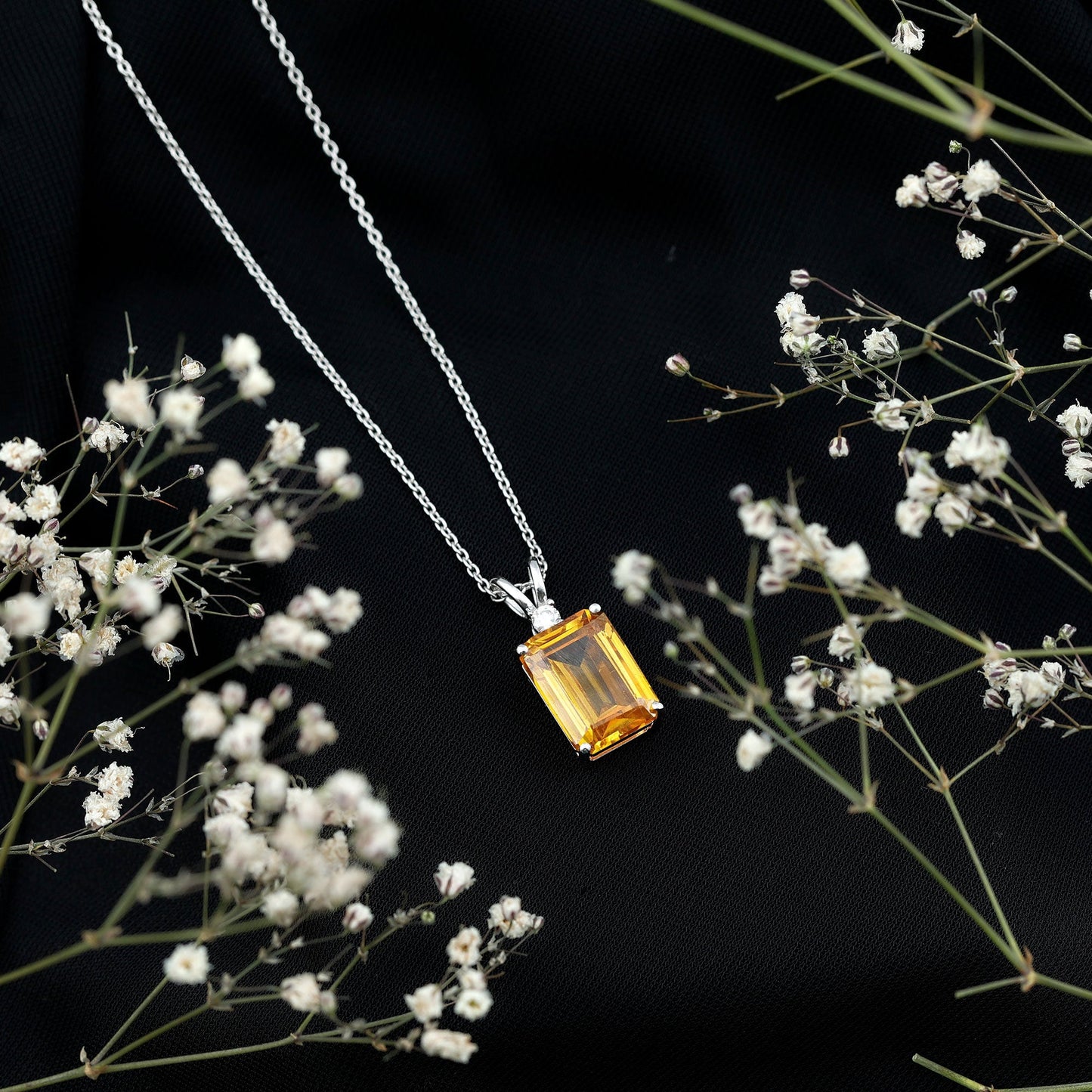 9 Carat Lab Grown Yellow Sapphire Emerald Cut Necklace With Silver Chain