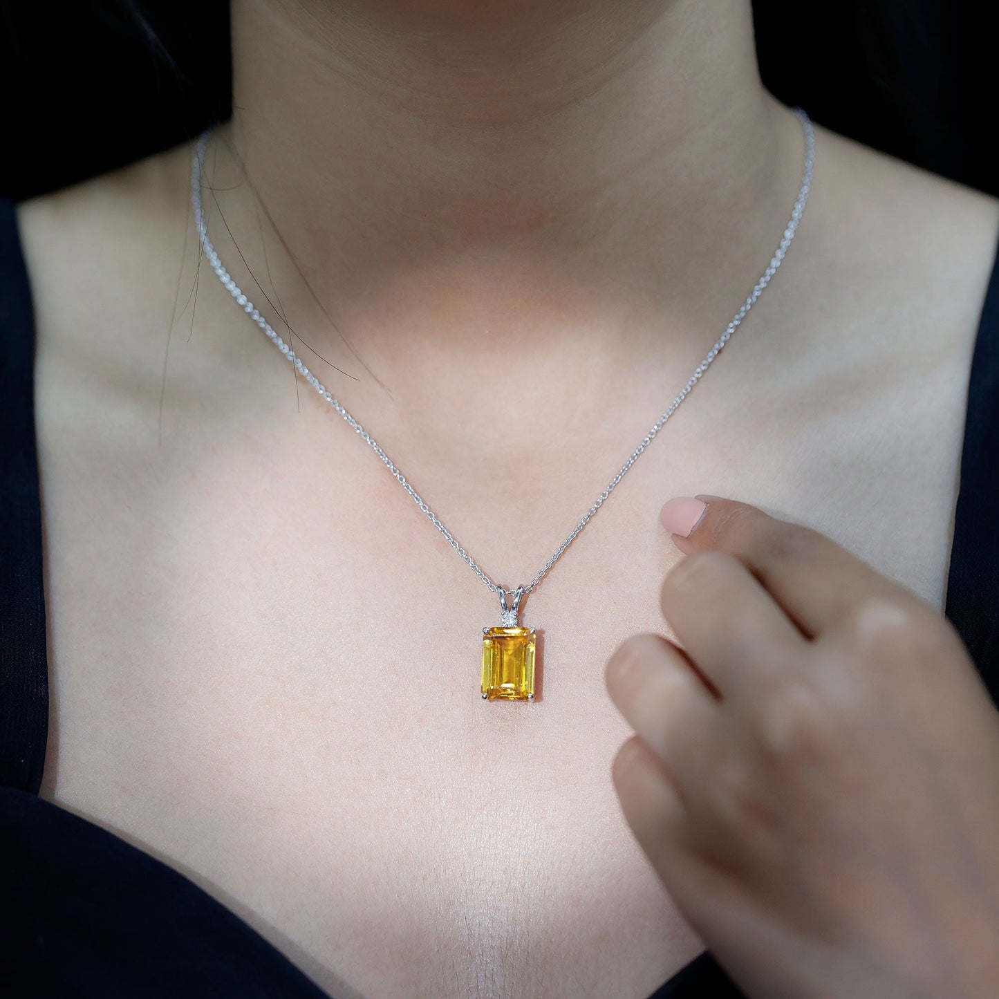 9 Carat Lab Grown Yellow Sapphire Emerald Cut Necklace With Silver Chain