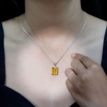 9 Carat Lab Grown Yellow Sapphire Emerald Cut Necklace With Silver Chain