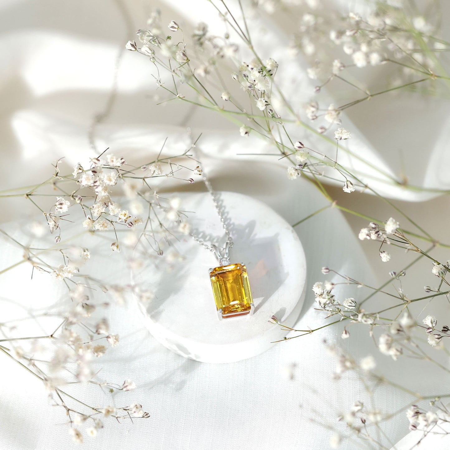 9 Carat Lab Grown Yellow Sapphire Emerald Cut Necklace With Silver Chain