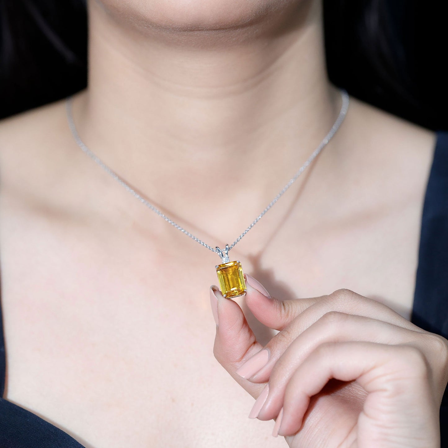 9 Carat Lab Grown Yellow Sapphire Emerald Cut Necklace With Silver Chain