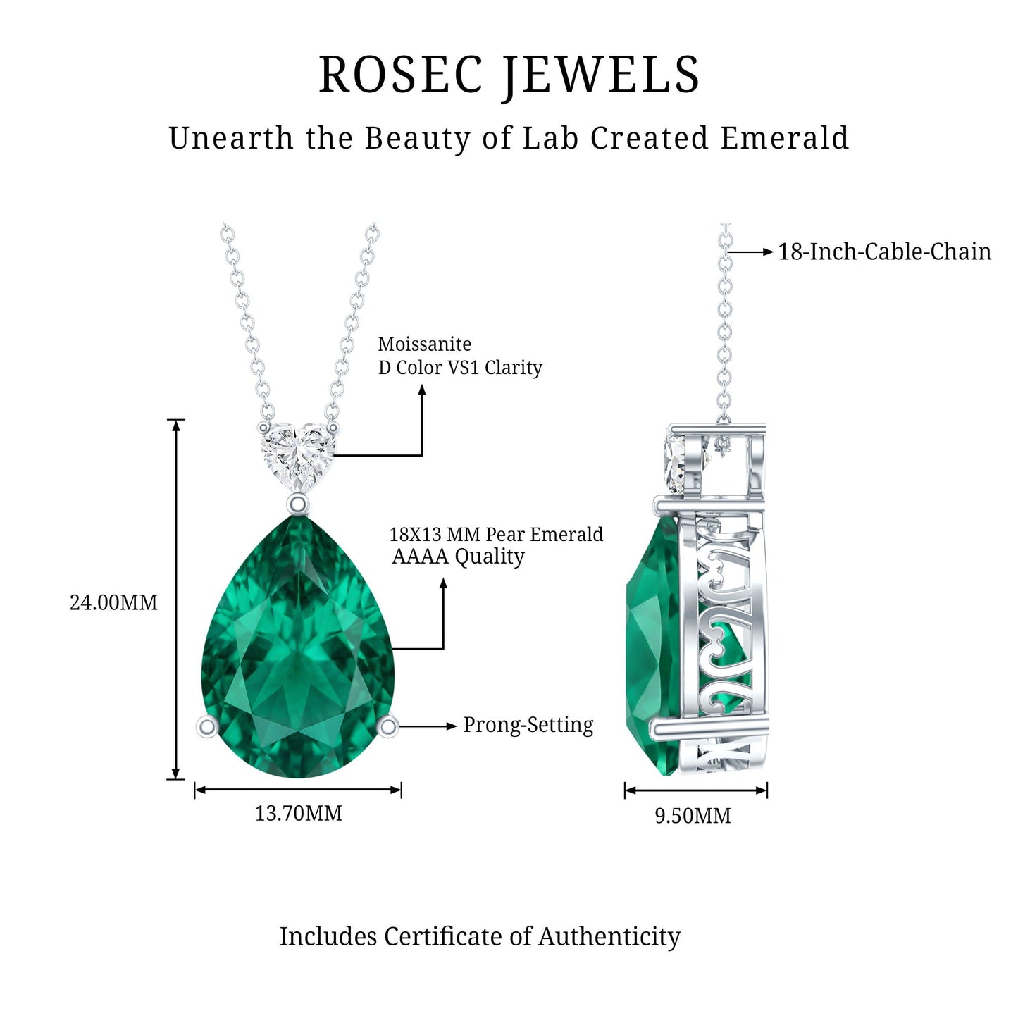 9 Carat Lab Grown Emerald Statement Necklace with Chain