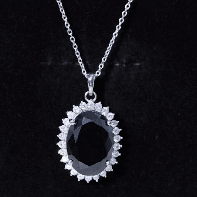 Certified 14 Carat Oval Lab Grown Black Diamond Cocktail Necklace With Silver Chain