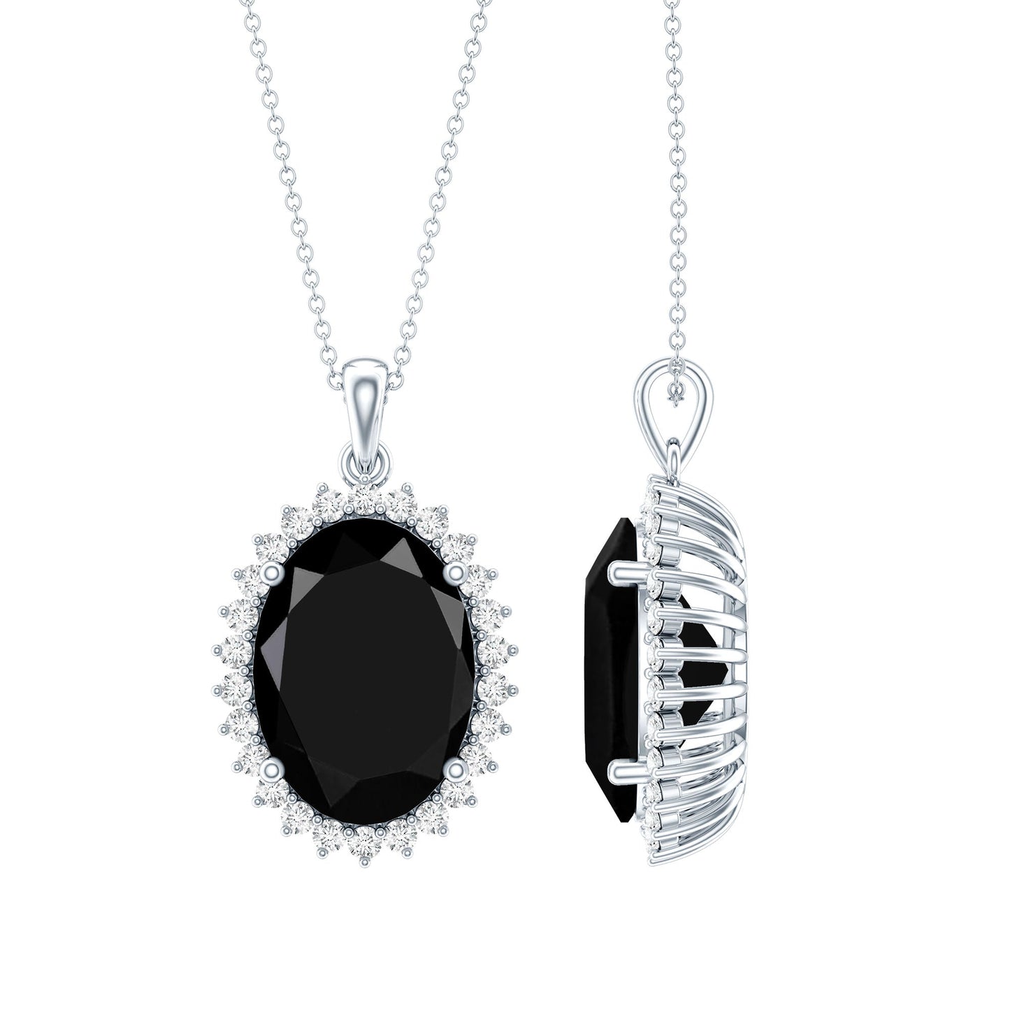 Certified 14 Carat Oval Lab Grown Black Diamond Cocktail Necklace With Silver Chain