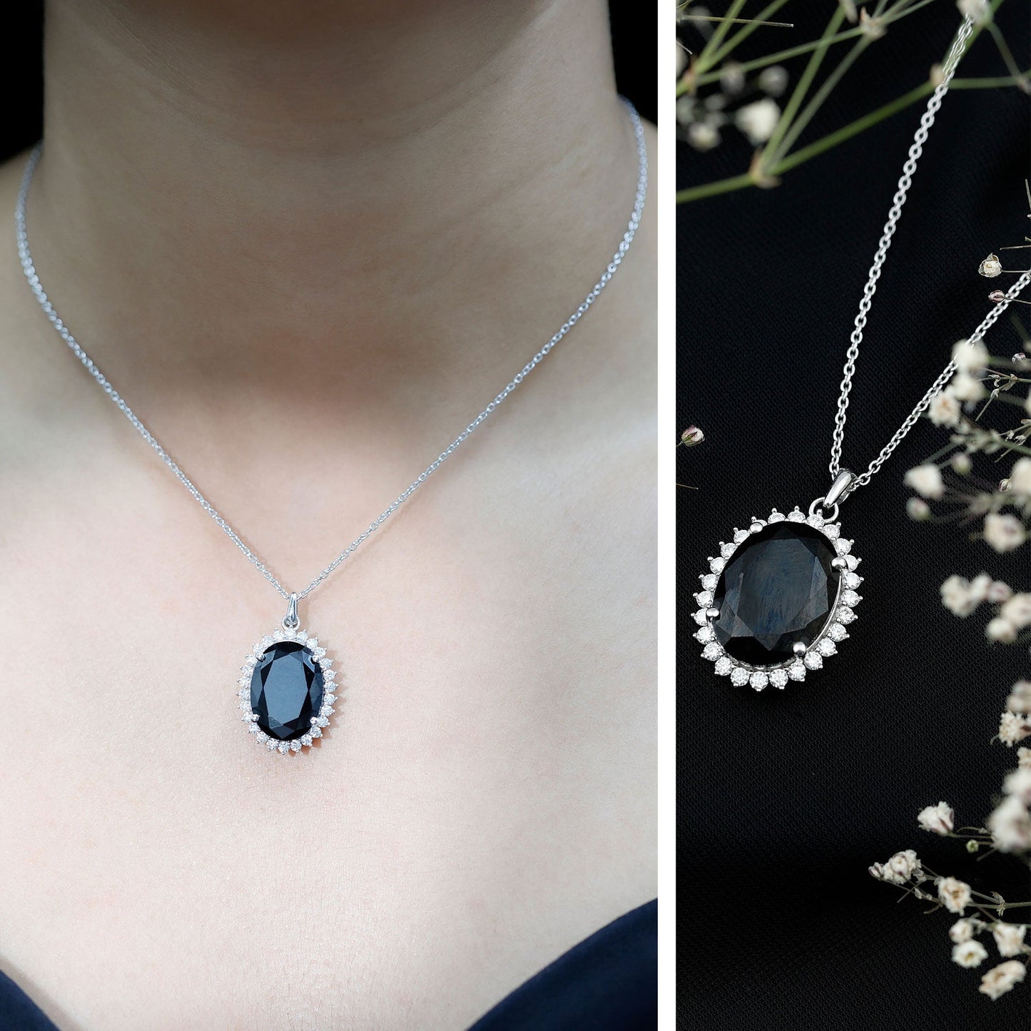 Certified 14 Carat Oval Lab Grown Black Diamond Cocktail Necklace With Silver Chain