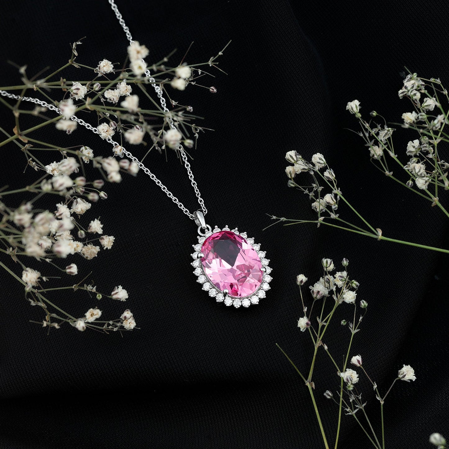 Certified 14 Carat Lab Pink Sapphire Elegant Bridal Necklace With Silver Chain