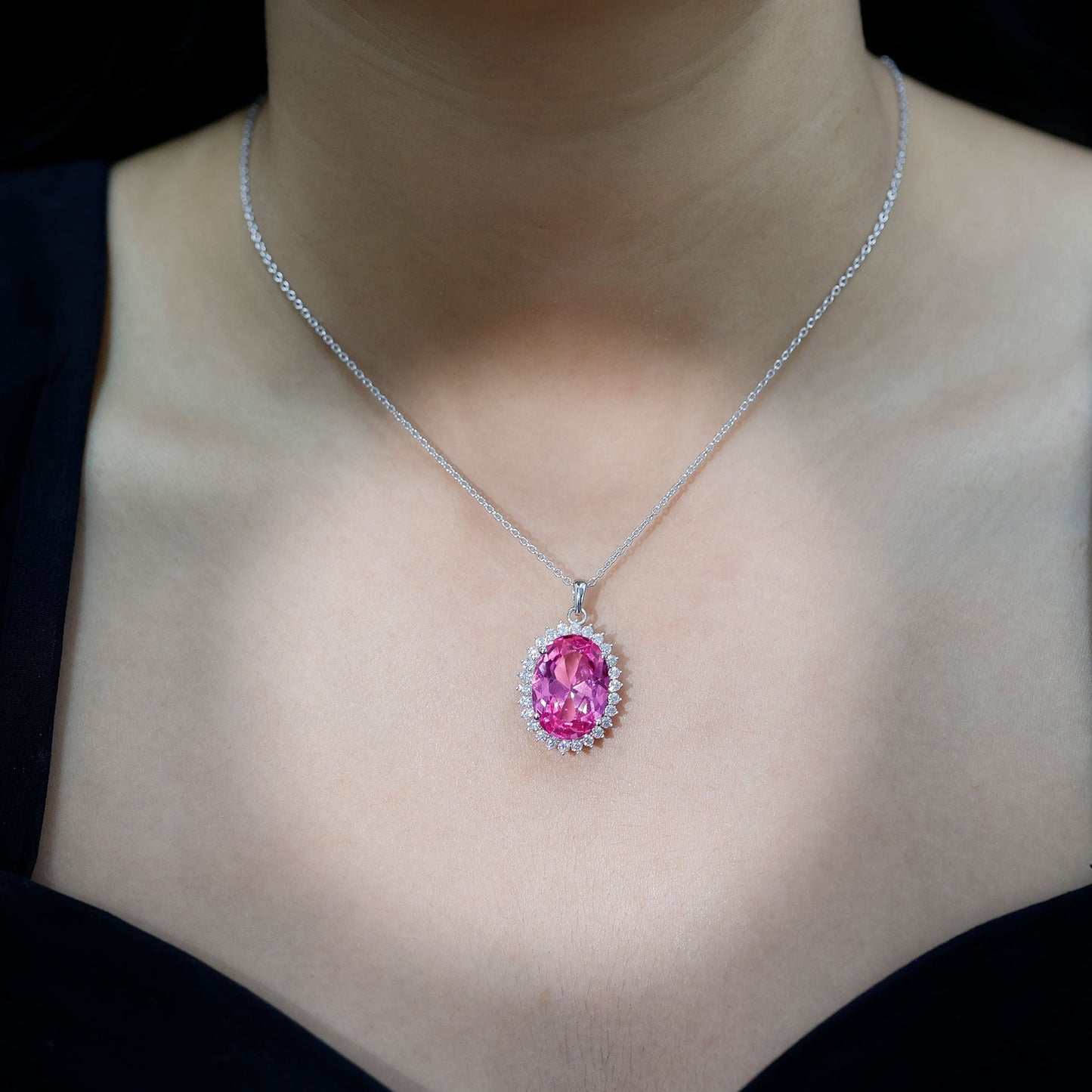 Certified 14 Carat Lab Pink Sapphire Elegant Bridal Necklace With Silver Chain