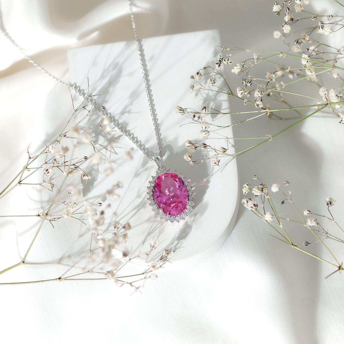 Certified 14 Carat Lab Pink Sapphire Elegant Bridal Necklace With Silver Chain