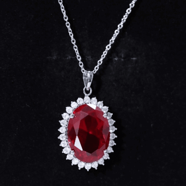 Sterling Silver 14 carat Lab Grown Ruby Oval Necklace with Halo