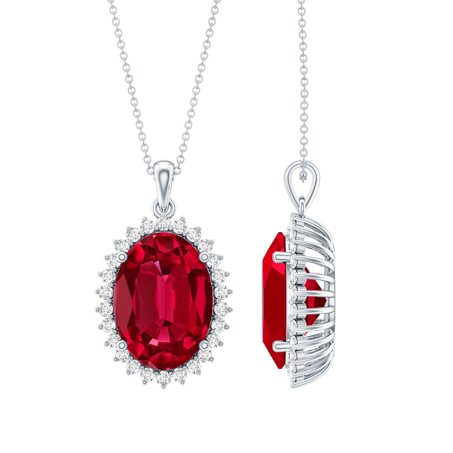 Sterling Silver 14 carat Lab Grown Ruby Oval Necklace with Halo