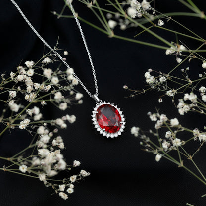 Sterling Silver 14 carat Lab Grown Ruby Oval Necklace with Halo