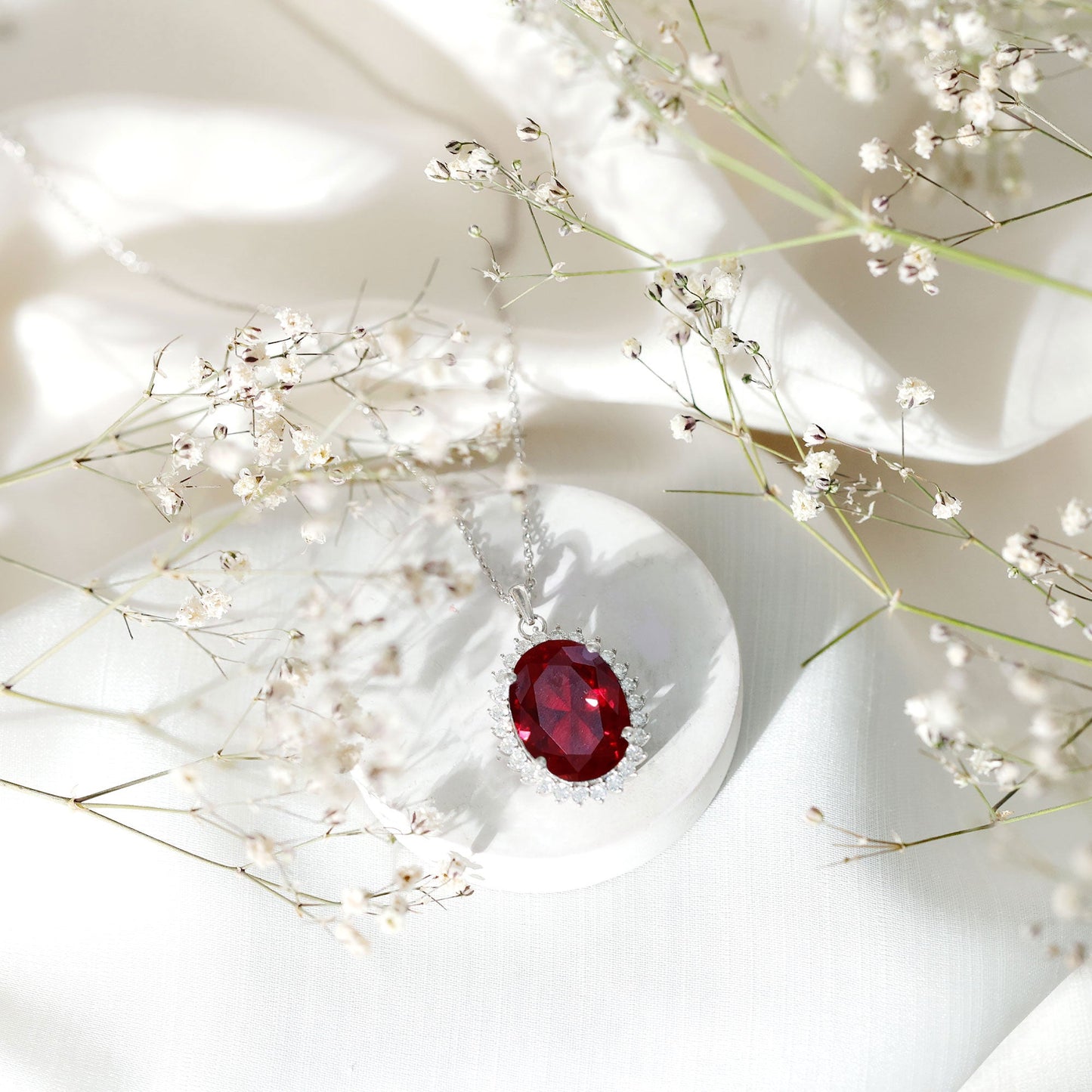 Sterling Silver 14 carat Lab Grown Ruby Oval Necklace with Halo
