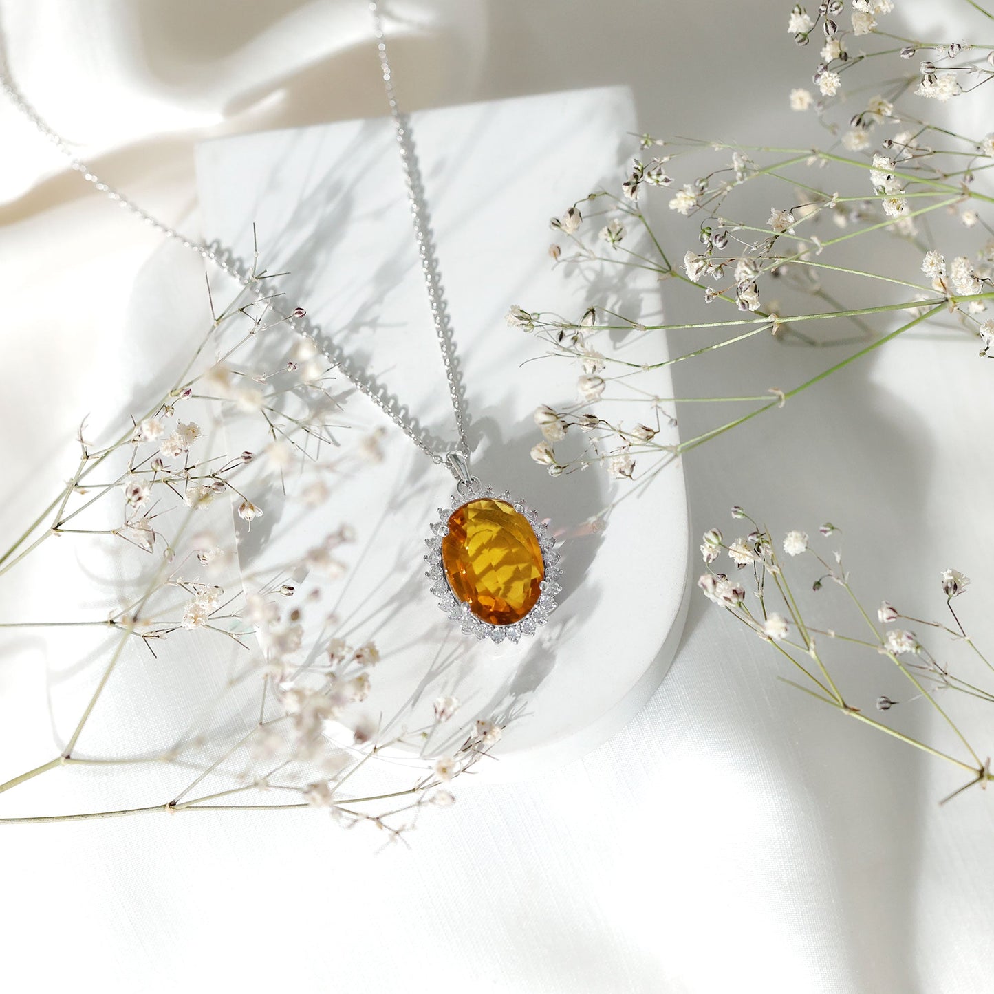 Certified 14 Carat Lab Grown Yellow Sapphire Cocktail Necklace With Silver Chain