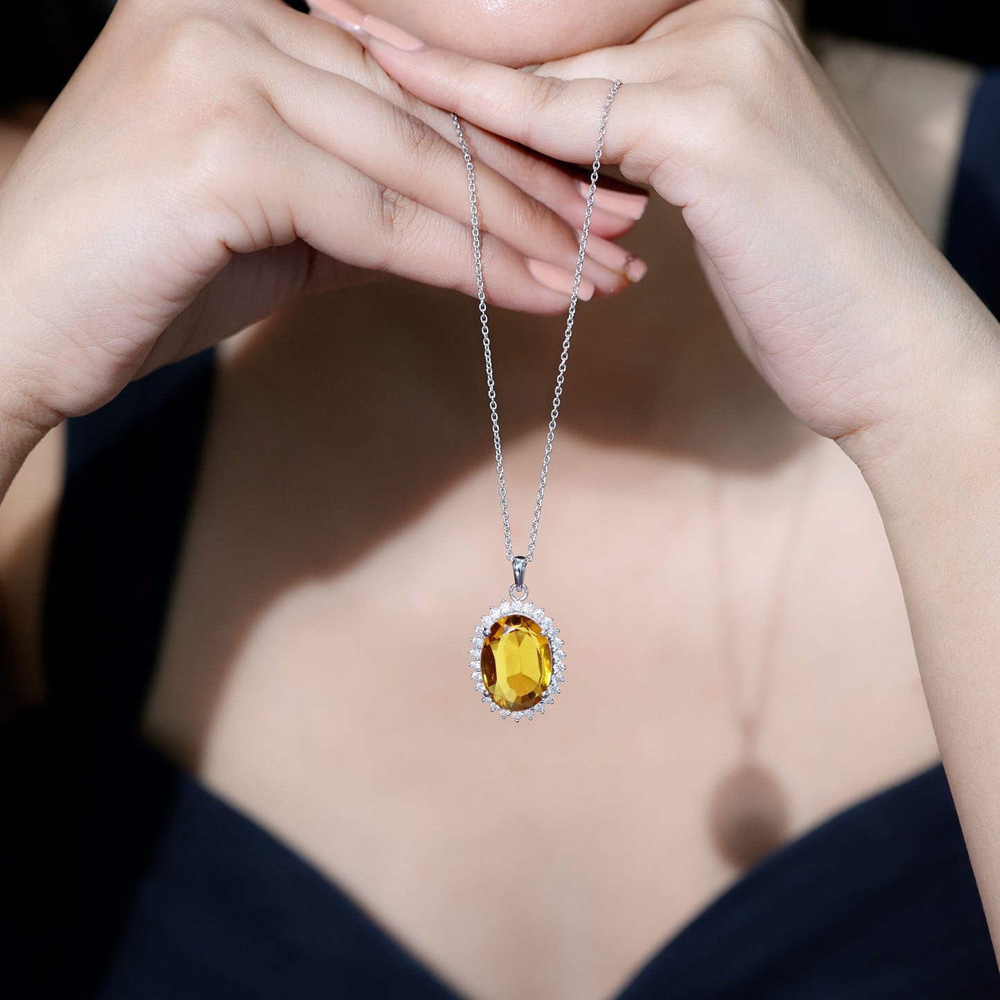 Certified 14 Carat Lab Grown Yellow Sapphire Cocktail Necklace With Silver Chain