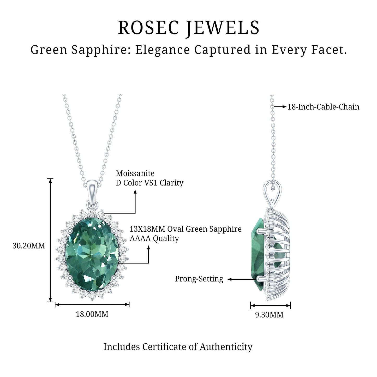 14 Carat Lab Grown Green Sapphire Statement Necklace with Silver Chain