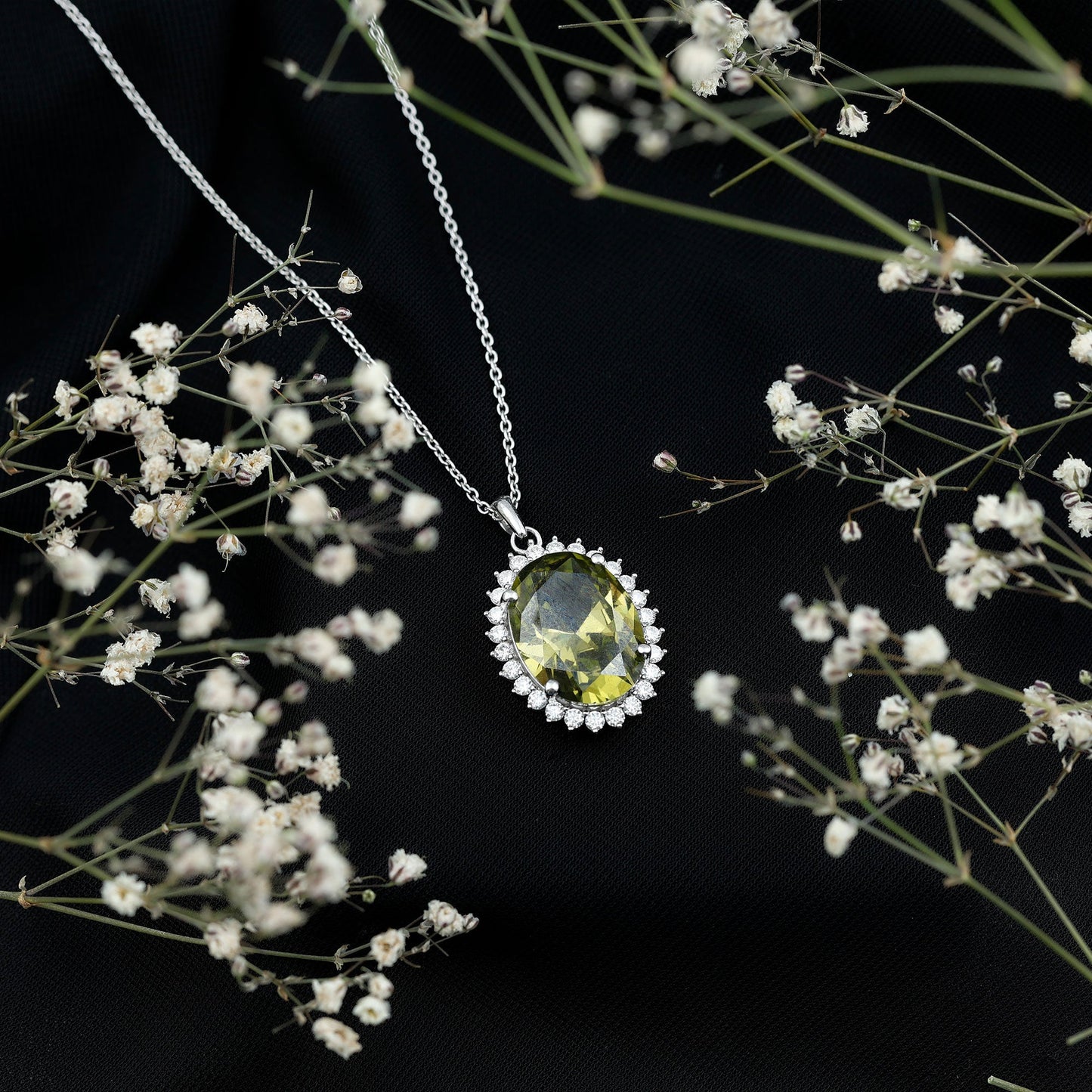 14 Carat Lab Grown Green Sapphire Statement Necklace with Silver Chain