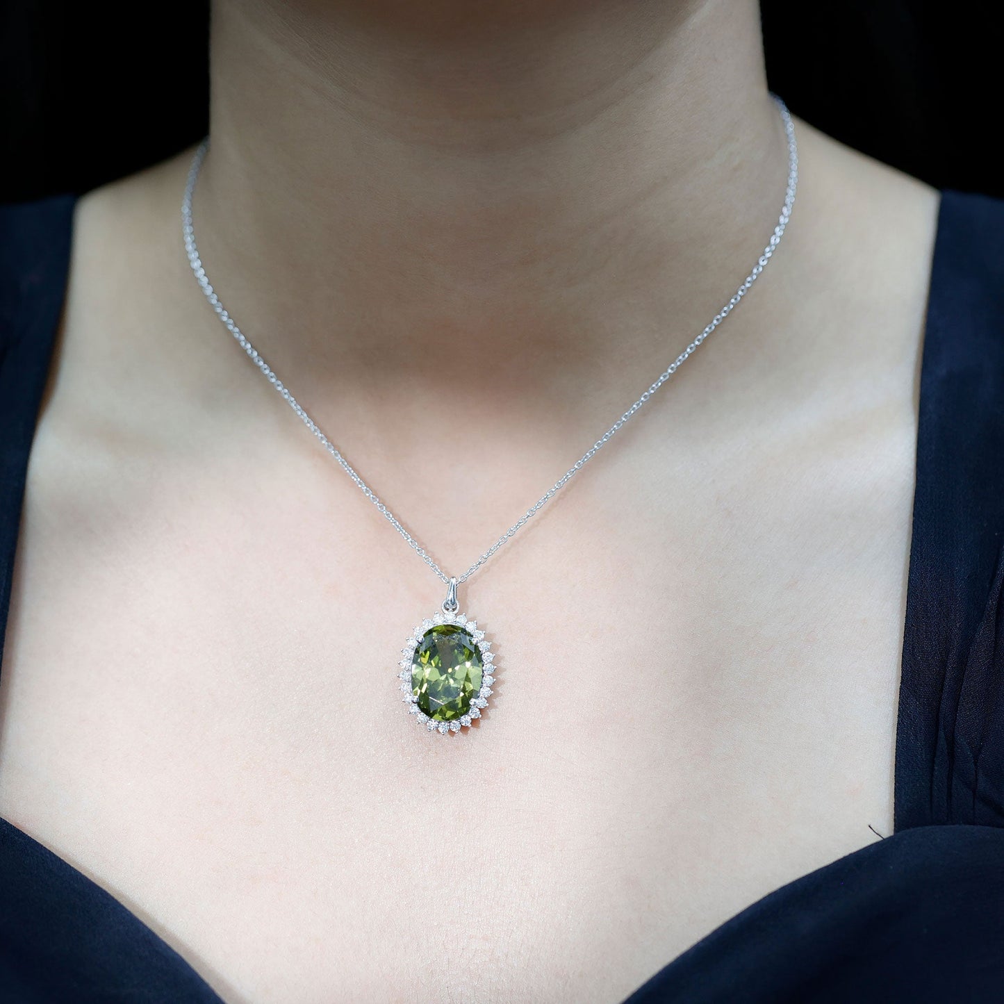 14 Carat Lab Grown Green Sapphire Statement Necklace with Silver Chain
