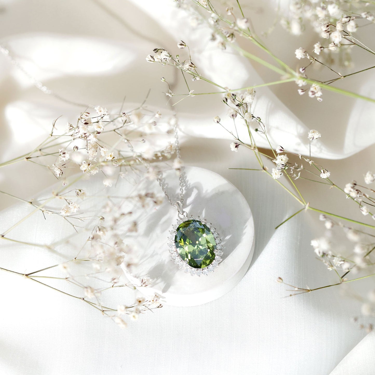 14 Carat Lab Grown Green Sapphire Statement Necklace with Silver Chain