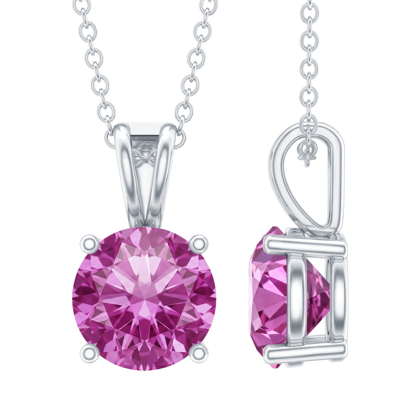 2 Carat Lab Grown Pink Sapphire Solitaire Necklace with Silver Chain