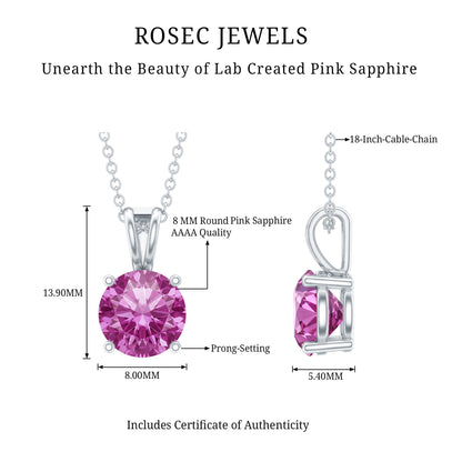 2 Carat Lab Grown Pink Sapphire Solitaire Necklace with Silver Chain