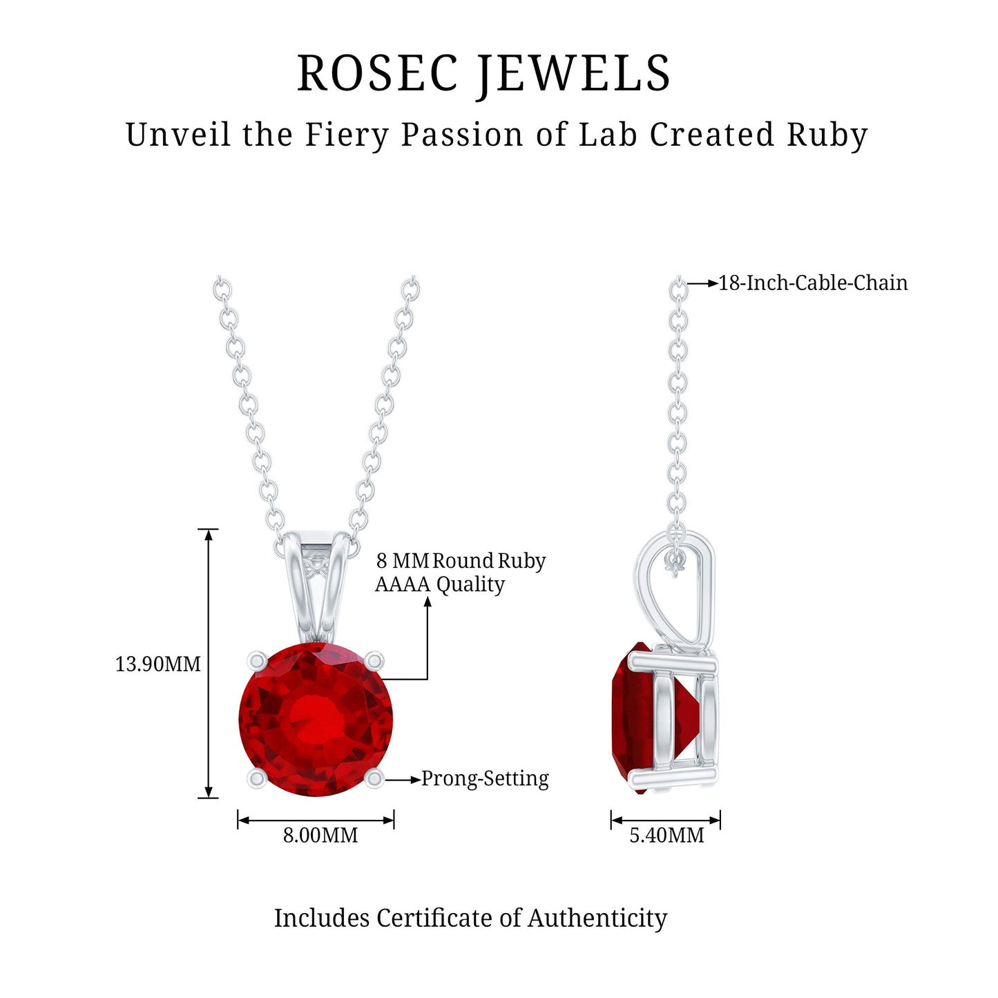 2 Carat Lab Grown Ruby Solitaire Pendant Necklace With Silver Chain