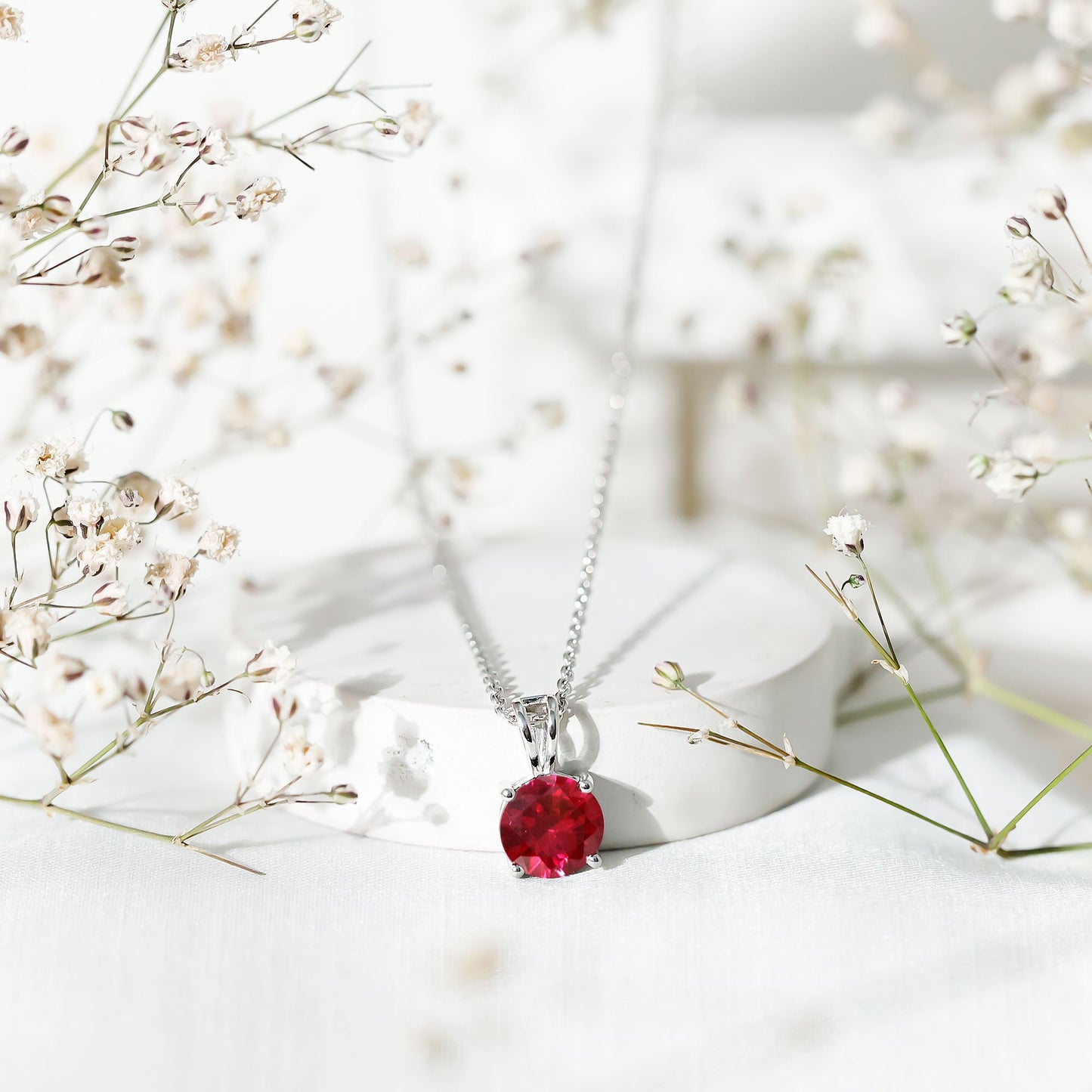 2 Carat Lab Grown Ruby Solitaire Pendant Necklace With Silver Chain