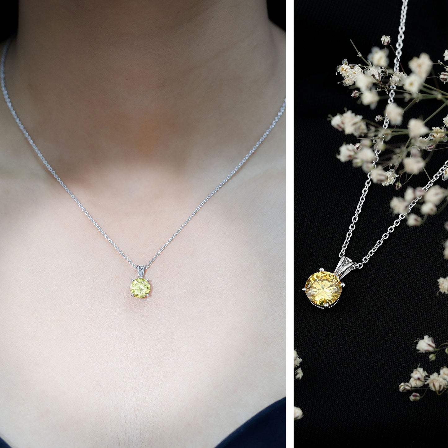 2 Carat Lab Grown Yellow Sapphire Solitaire Necklace with Silver Chain