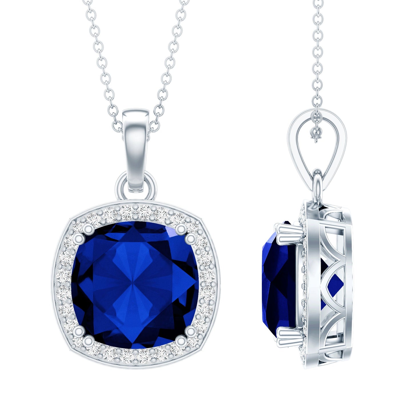 Certified 9 Carat Cushion Lab Grown Blue Sapphire Halo Necklace