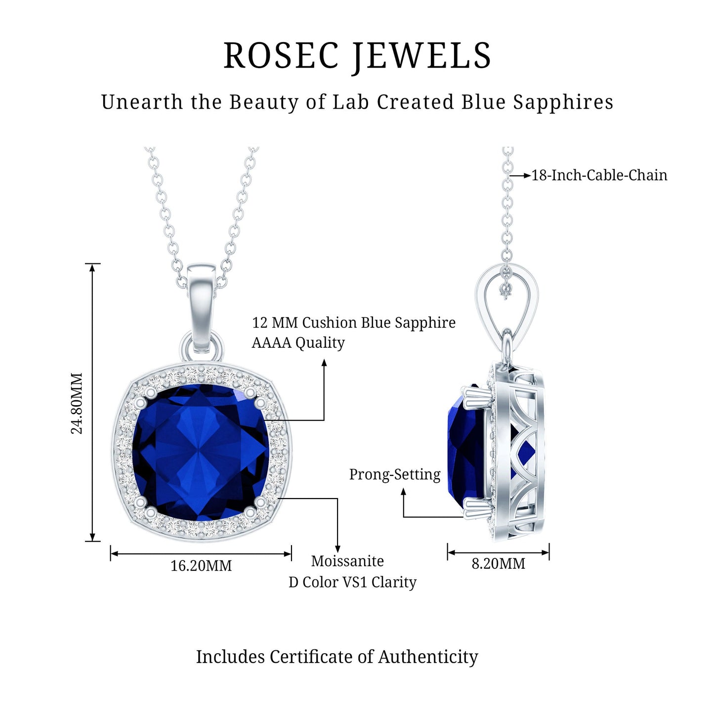 Certified 9 Carat Cushion Lab Grown Blue Sapphire Halo Necklace