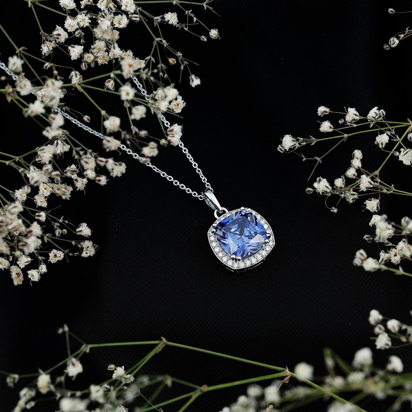 9 Carat Cushion Cut Lab Created Blue Sapphire Cocktail Necklace