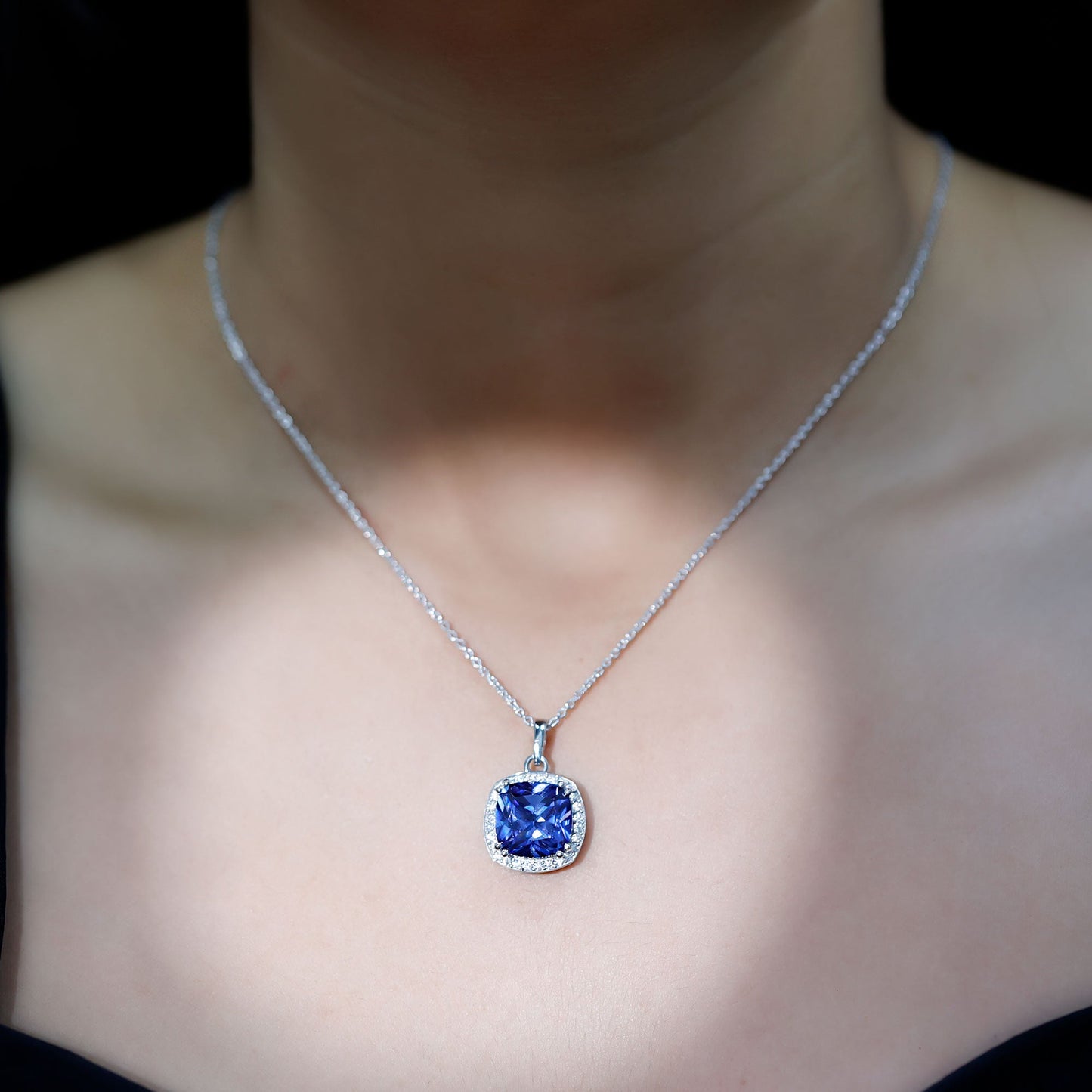 Certified 9 Carat Cushion Lab Grown Blue Sapphire Halo Necklace