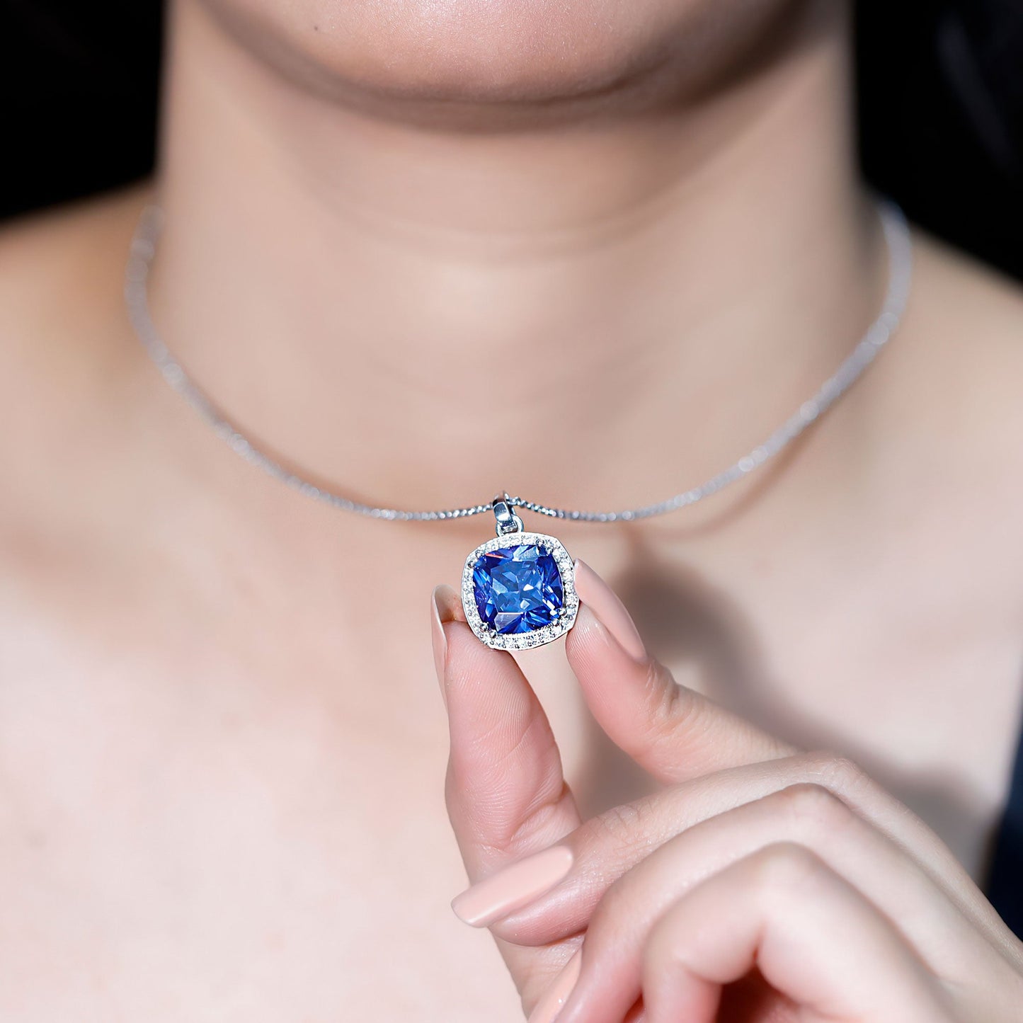 9 Carat Cushion Cut Lab Created Blue Sapphire Cocktail Necklace