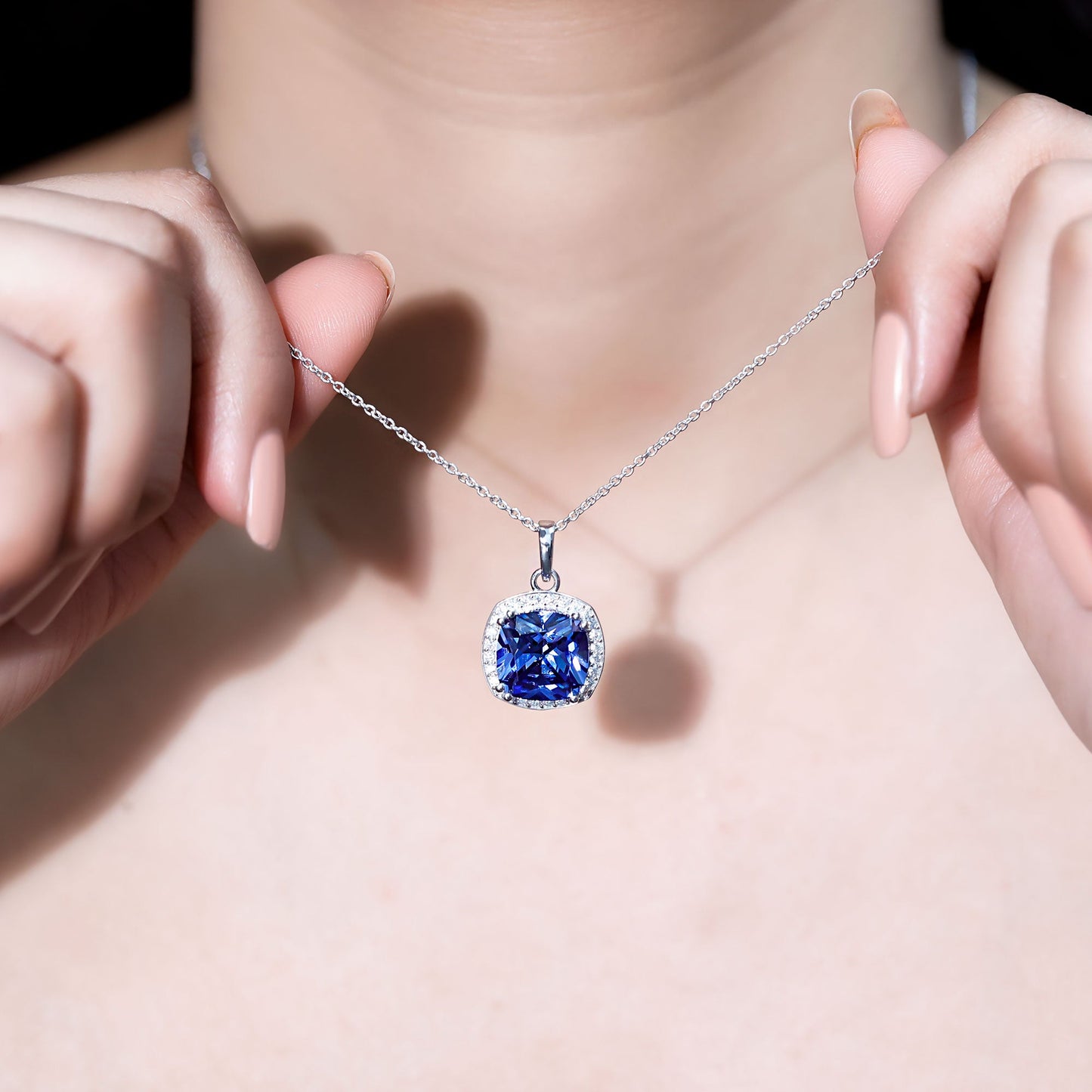 Certified 9 Carat Cushion Lab Grown Blue Sapphire Halo Necklace