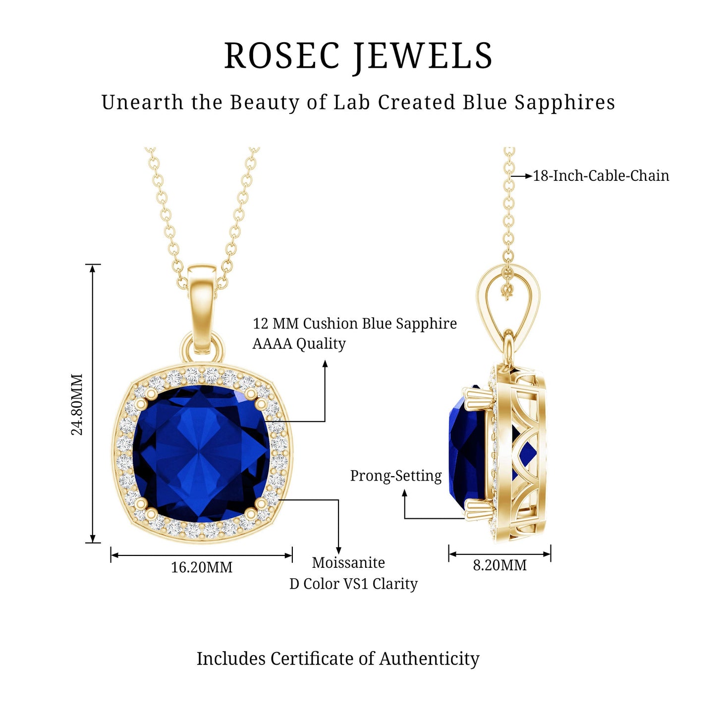 Certified 9 Carat Cushion Lab Grown Blue Sapphire Halo Necklace