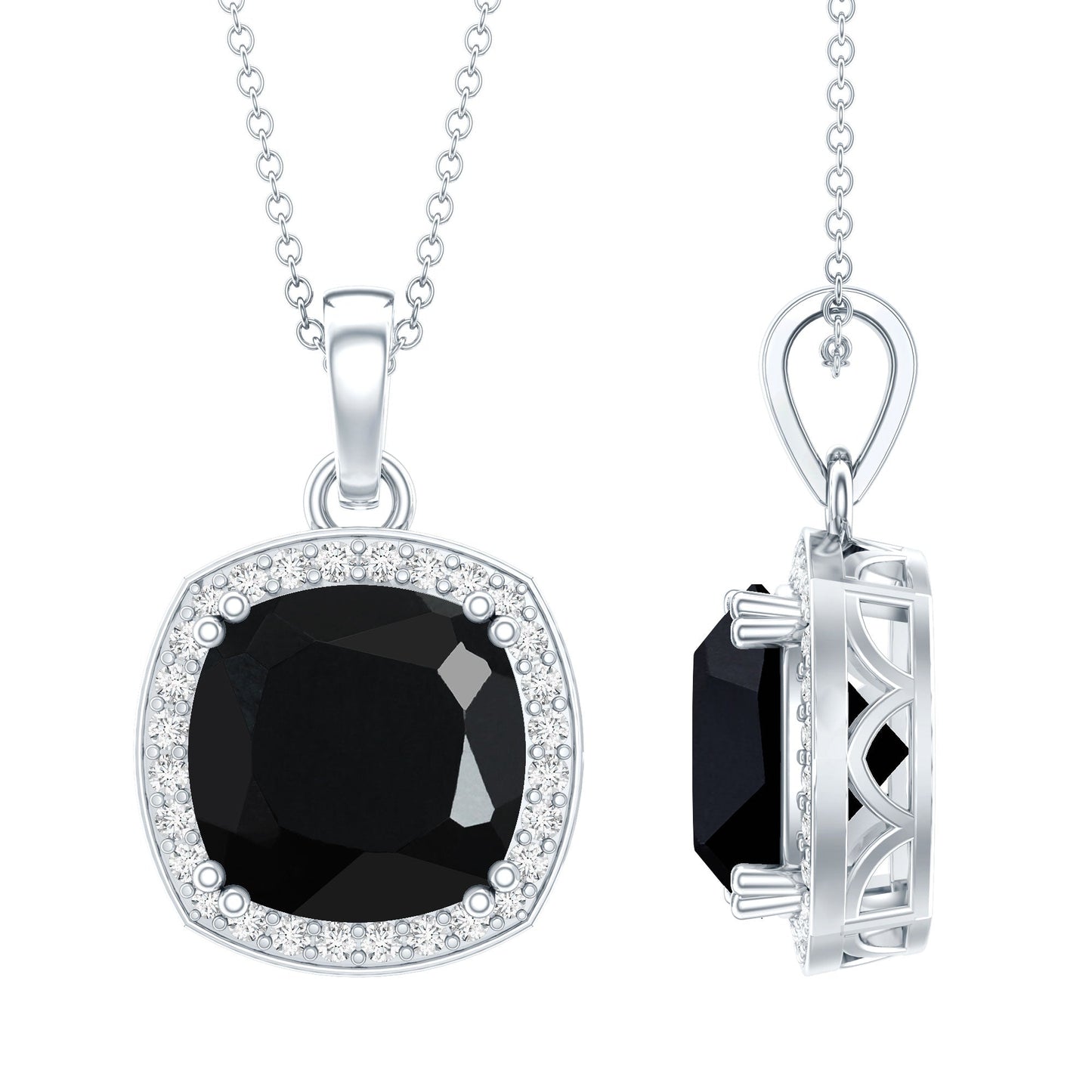 6 Carat Cushion Cut Lab Grown Black Diamond Halo Necklace with Silver Chain