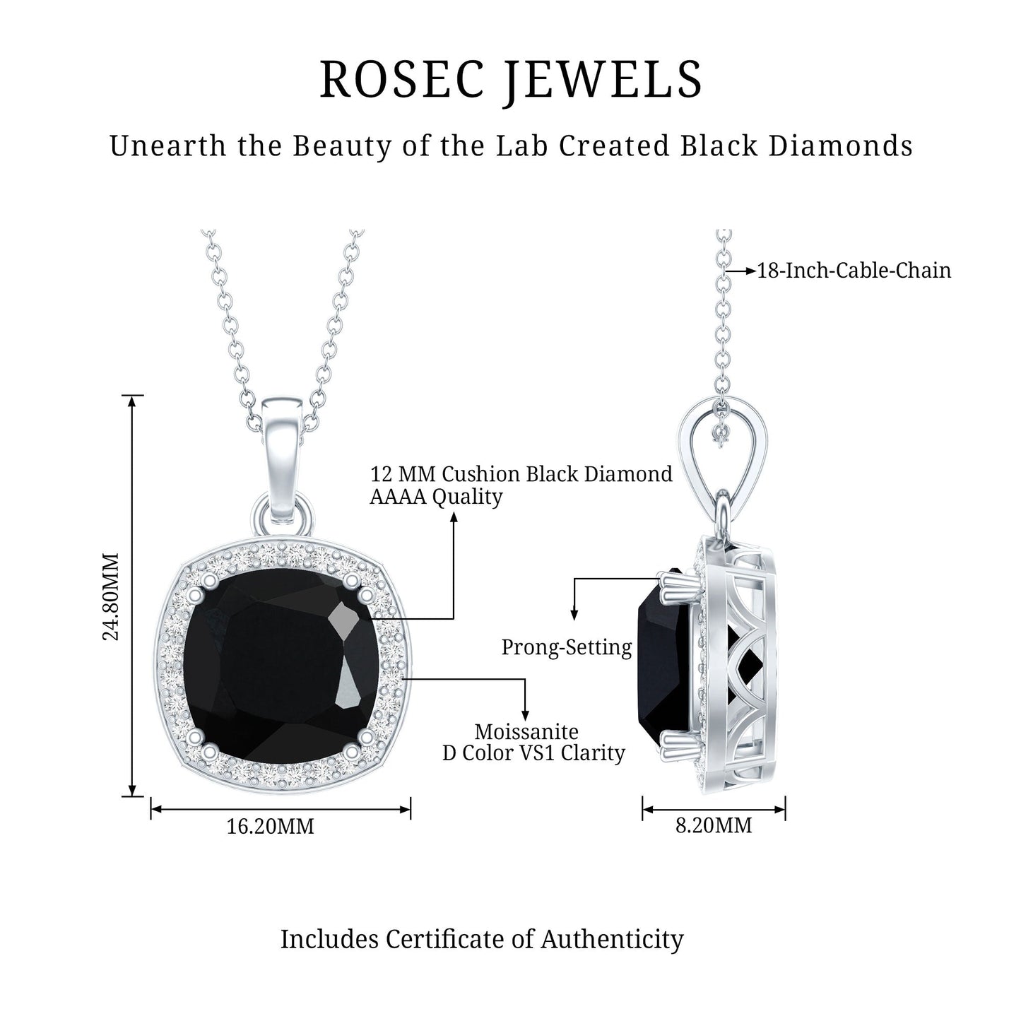 6 Carat Cushion Cut Lab Grown Black Diamond Halo Necklace with Silver Chain