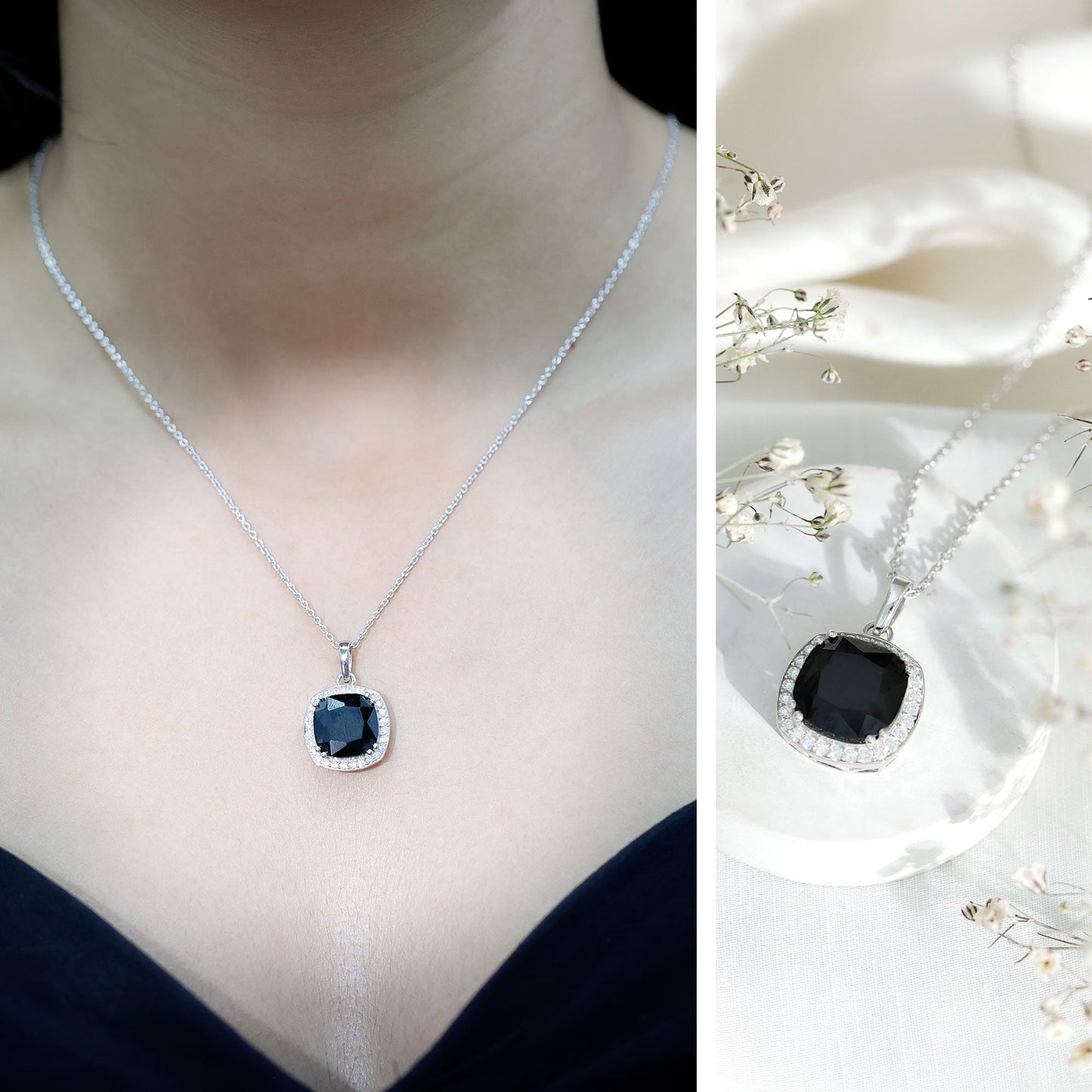 6 Carat Cushion Cut Lab Grown Black Diamond Halo Necklace with Silver Chain