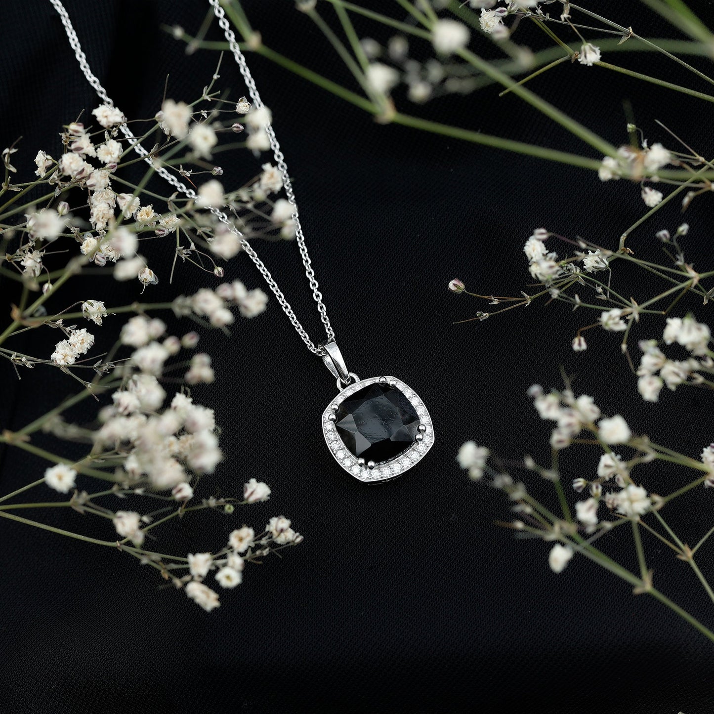 6 Carat Cushion Cut Lab Grown Black Diamond Halo Necklace with Silver Chain