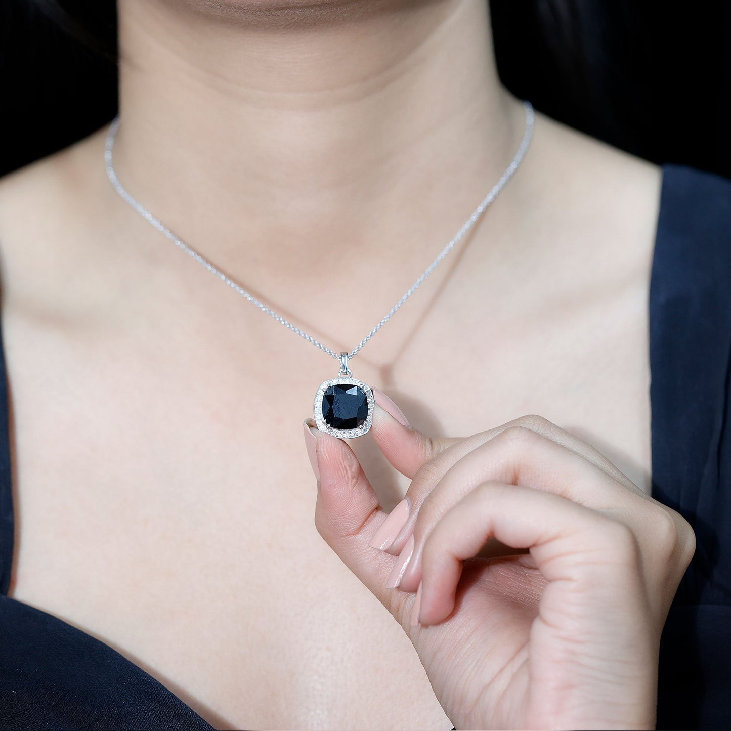 6 Carat Cushion Cut Lab Grown Black Diamond Halo Necklace with Silver Chain