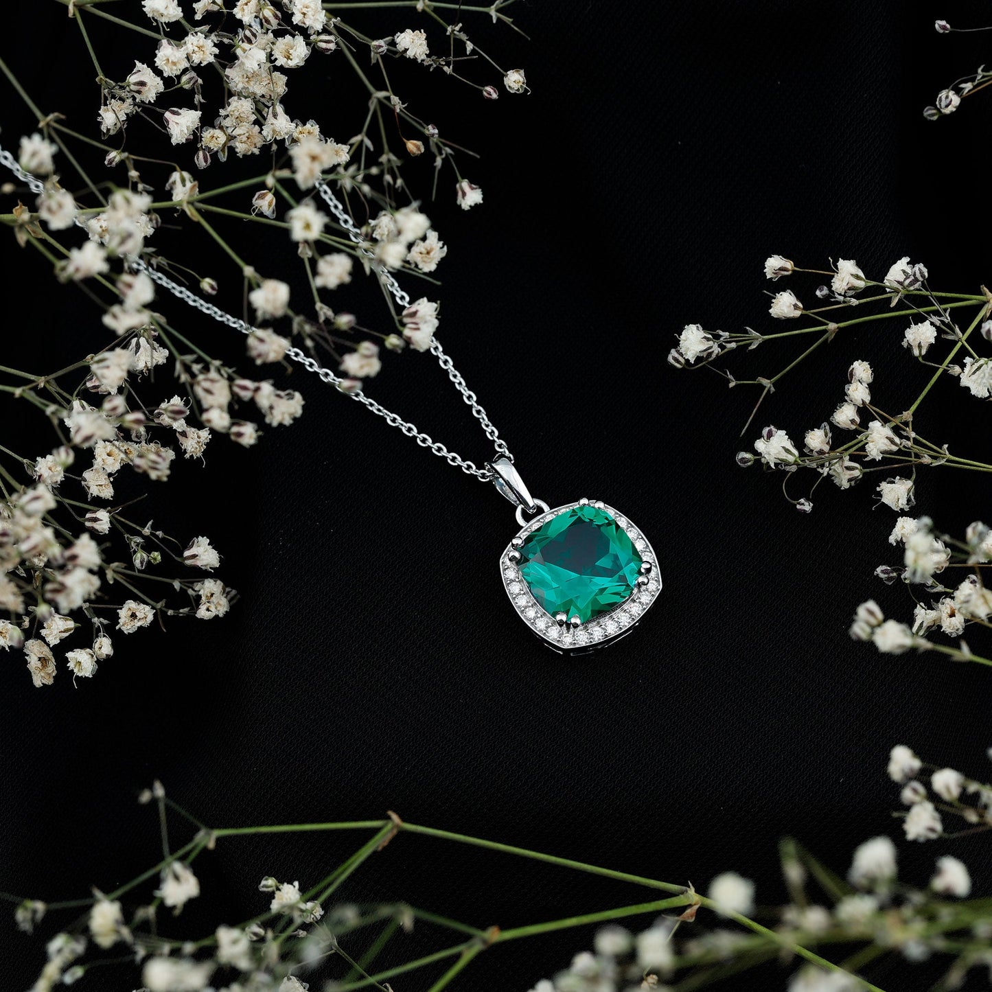 9 Carat Lab Grown Emerald Statement Necklace with Moissanite Halo