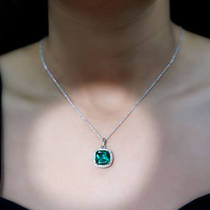 9 Carat Lab Grown Emerald Statement Necklace with Moissanite Halo