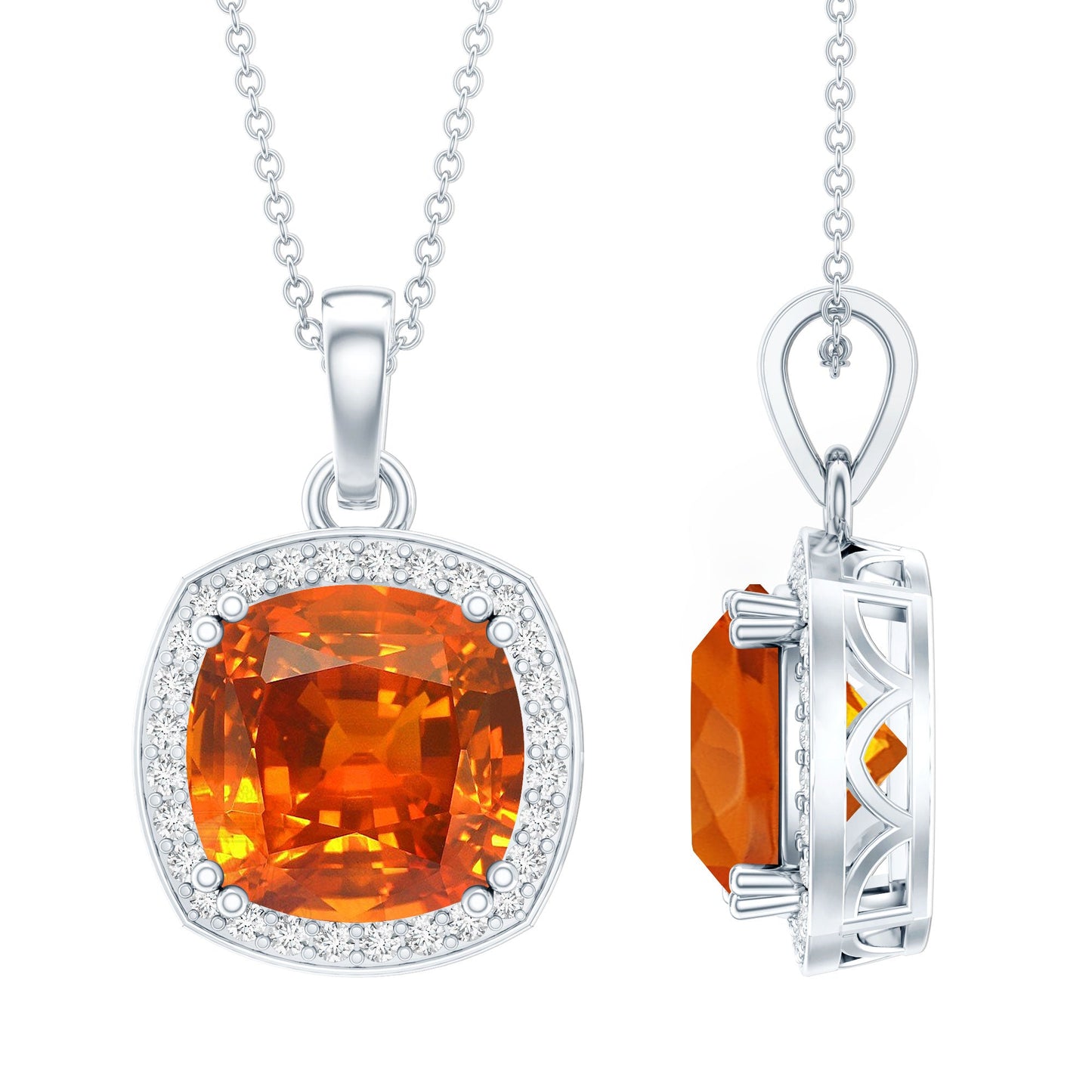 Certified 9 Carat Lab Grown Orange Sapphire Bridal Necklace With Silver Chain