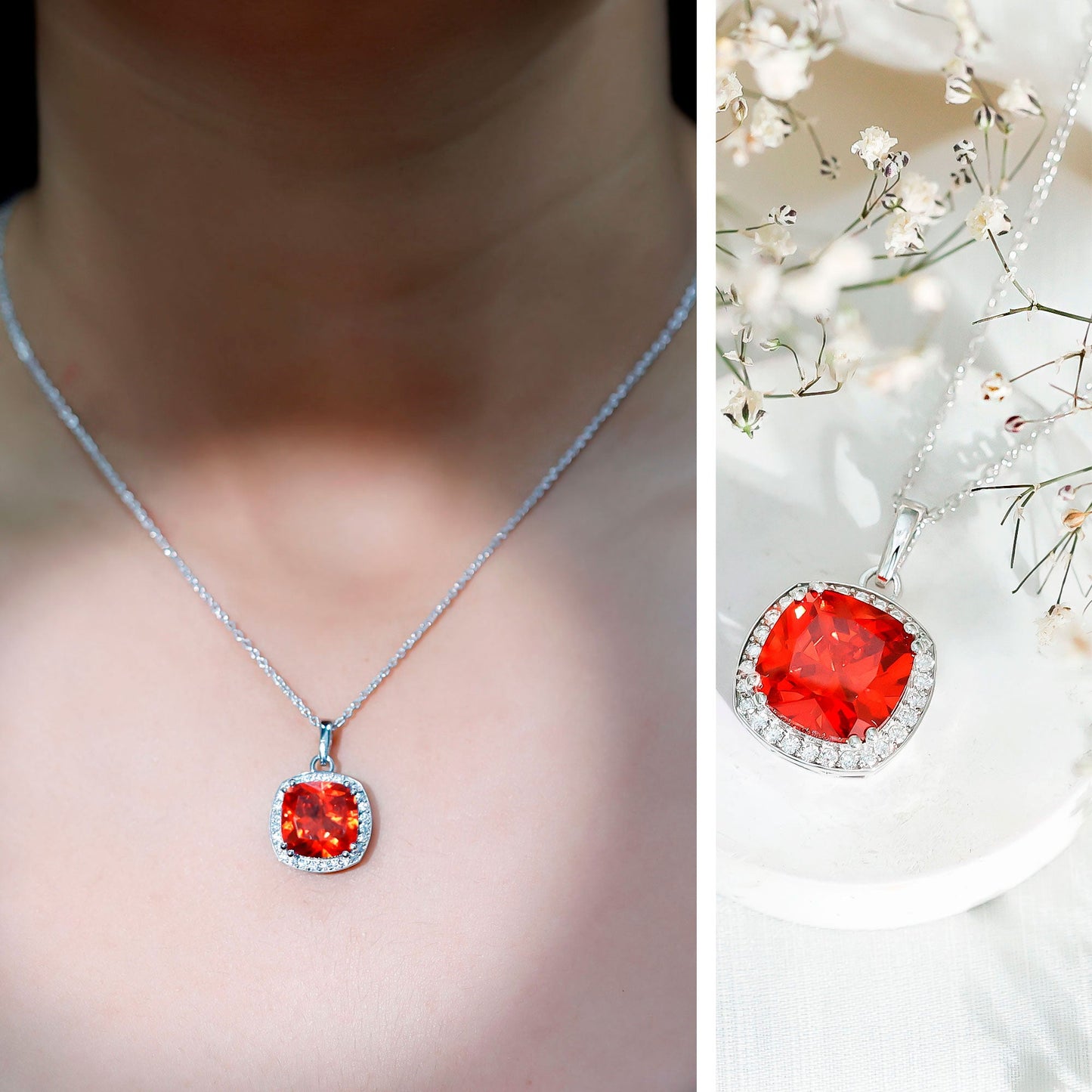 Certified 9 Carat Lab Grown Orange Sapphire Bridal Necklace With Silver Chain