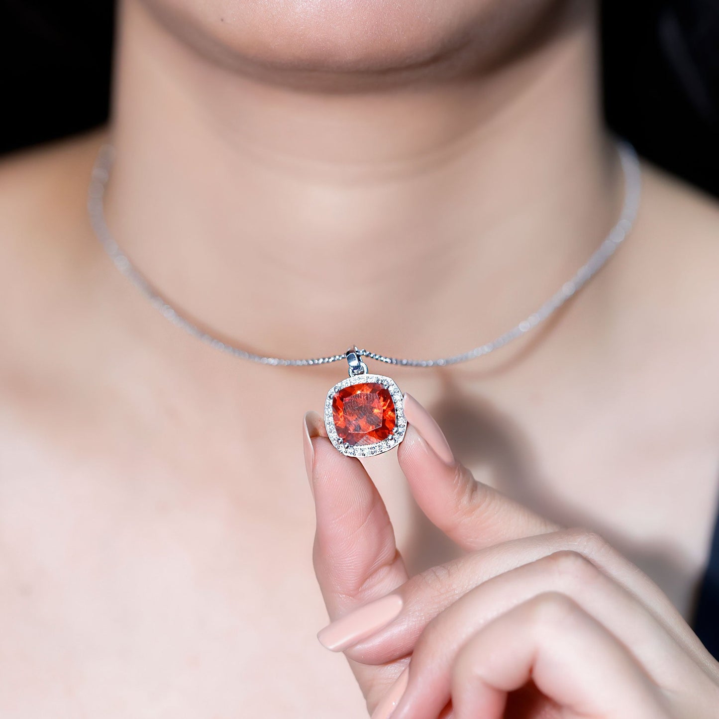 Certified 9 Carat Lab Grown Orange Sapphire Bridal Necklace With Silver Chain